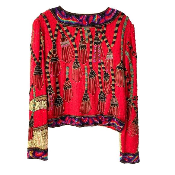 Vintage Laurence Kazar Red Silk Tassel Print Beaded Sequin Blazer Jacket Large - Picture 7 of 11